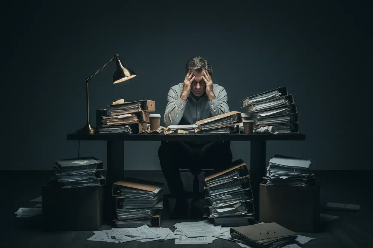A moody/desaturated image of a business owner looking tired at a desk late at night, surrounded by paperwork.