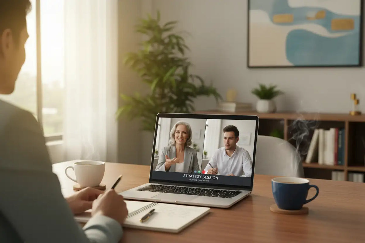 An inviting image of two people talking over coffee on a Zoom call screen showing a strategy session. the person giving the coaching is with grey hairs , graceful and confident.