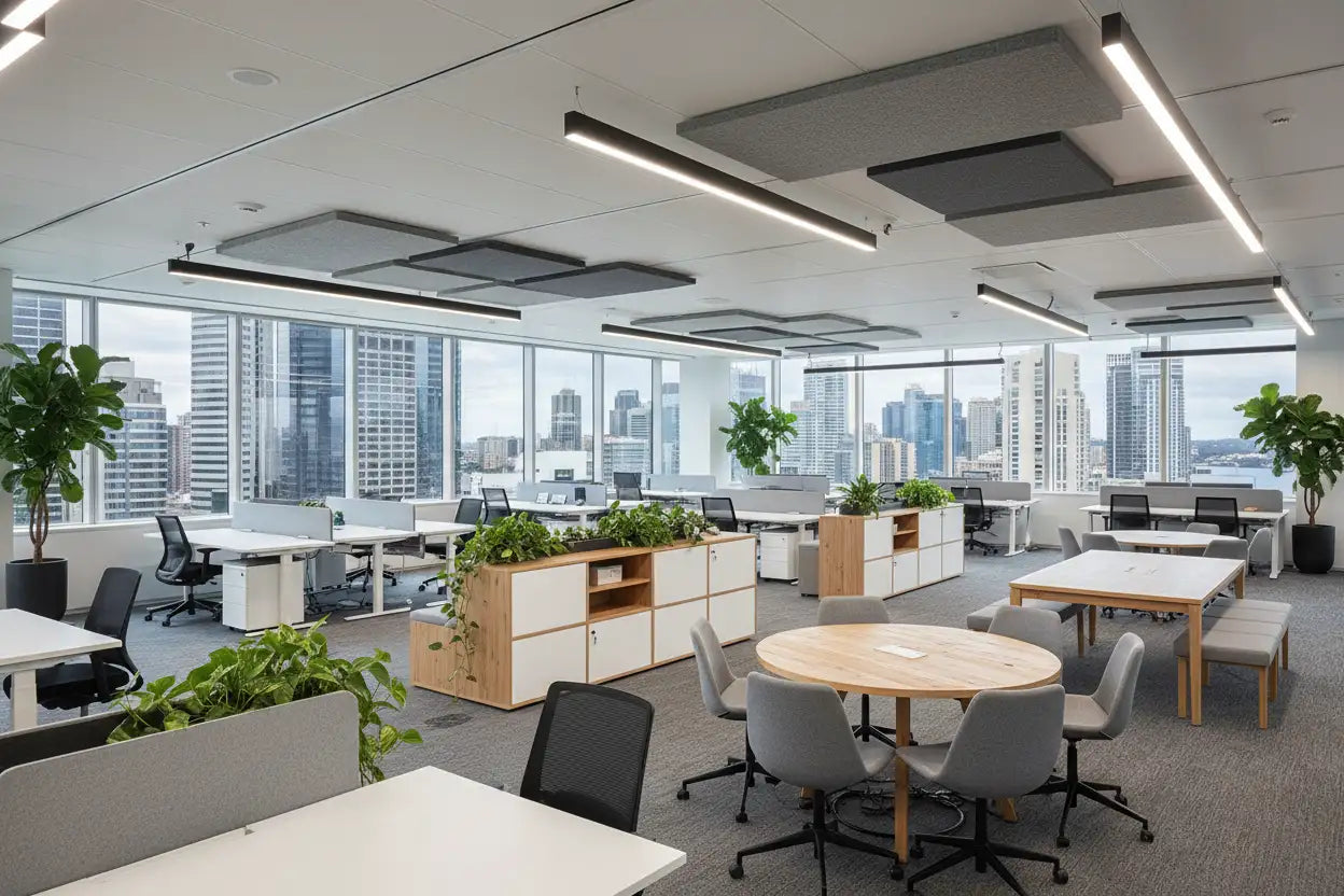 modern office corporate image for Australia CBD, show full specturm of office furniture layout modern design, show office table, ergnomoic furniture and a full office fitout setup with live indoor plants comonly used in austrlian offices. 
