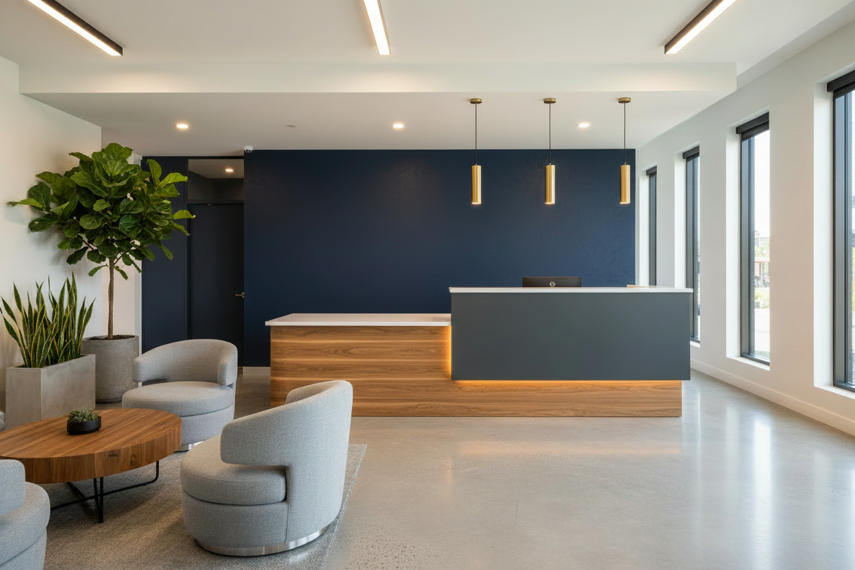 Modern office lobby with reception desk, chairs, and plants.