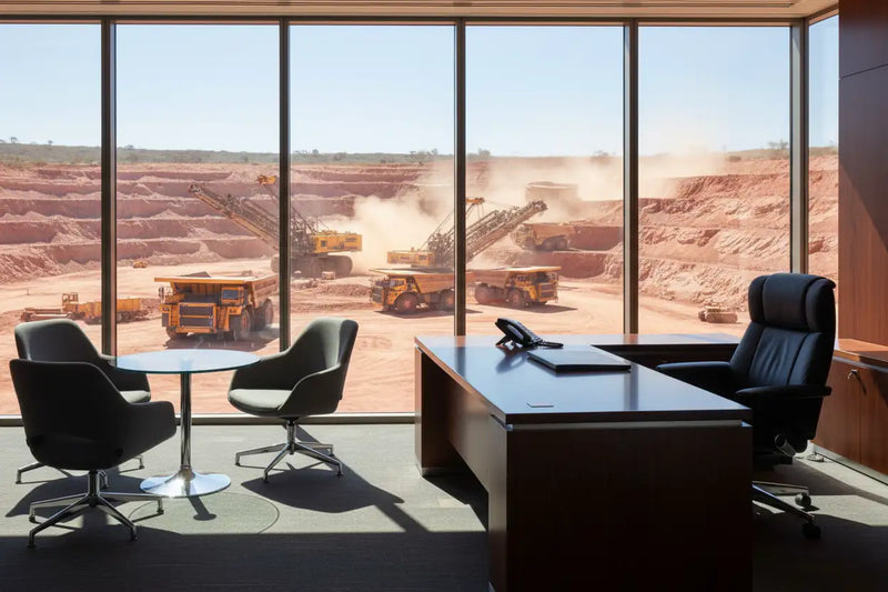 regenerate show more of australian mining in the background look thorugh the window and big machines working while a nice office furniture inside the office 